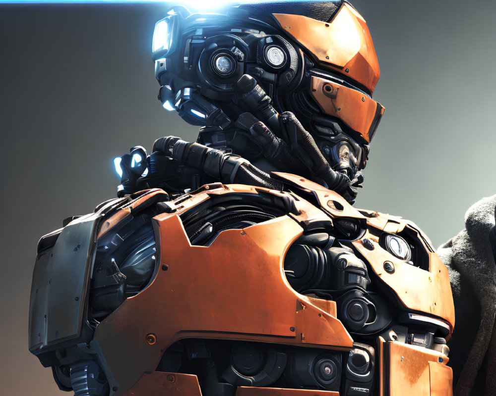 Futuristic robotic figure with orange and black armor and blue glowing visor