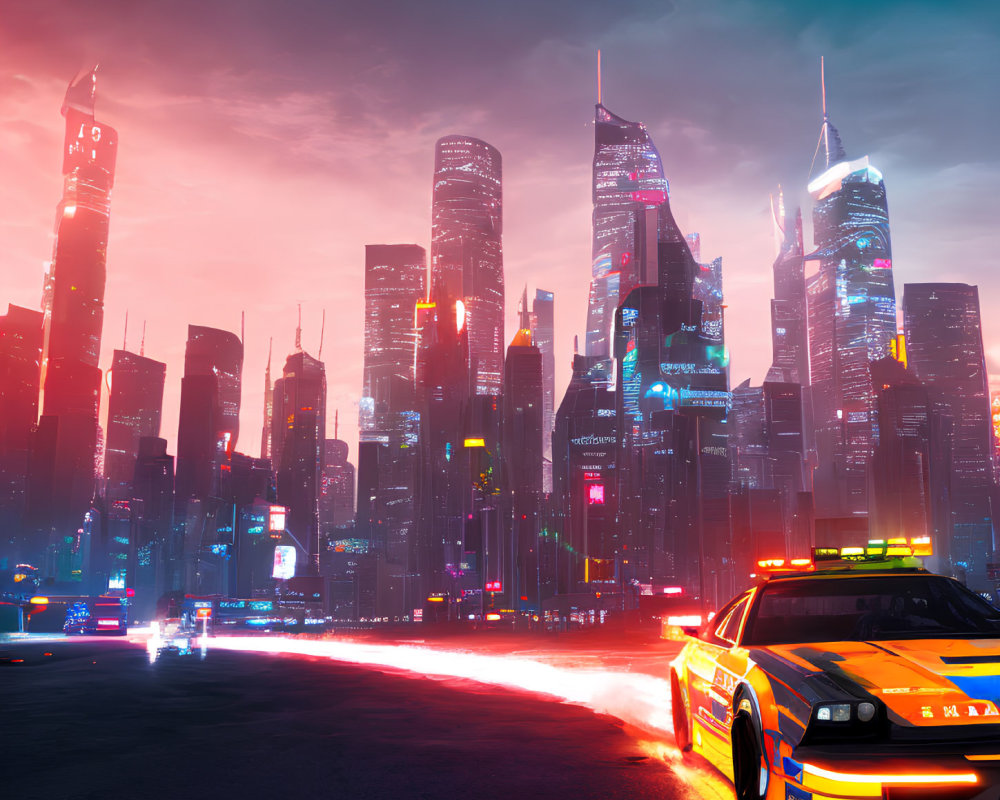 Futuristic cityscape at dusk with neon lights and police vehicle