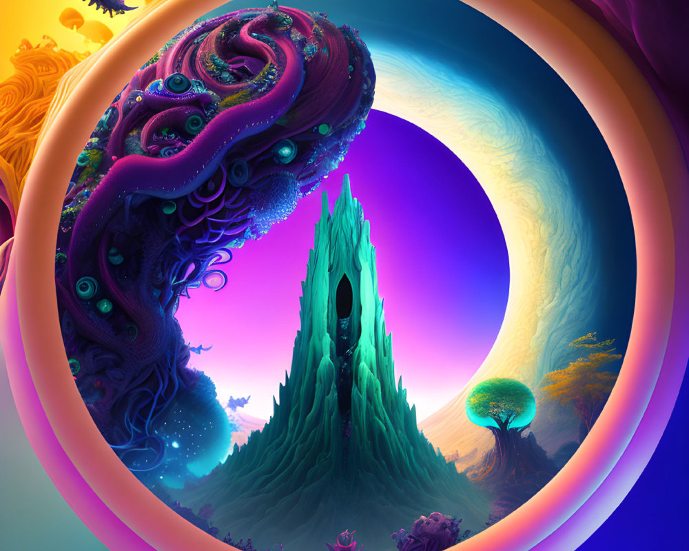 Surreal landscape with emerald spire in vibrant digital artwork