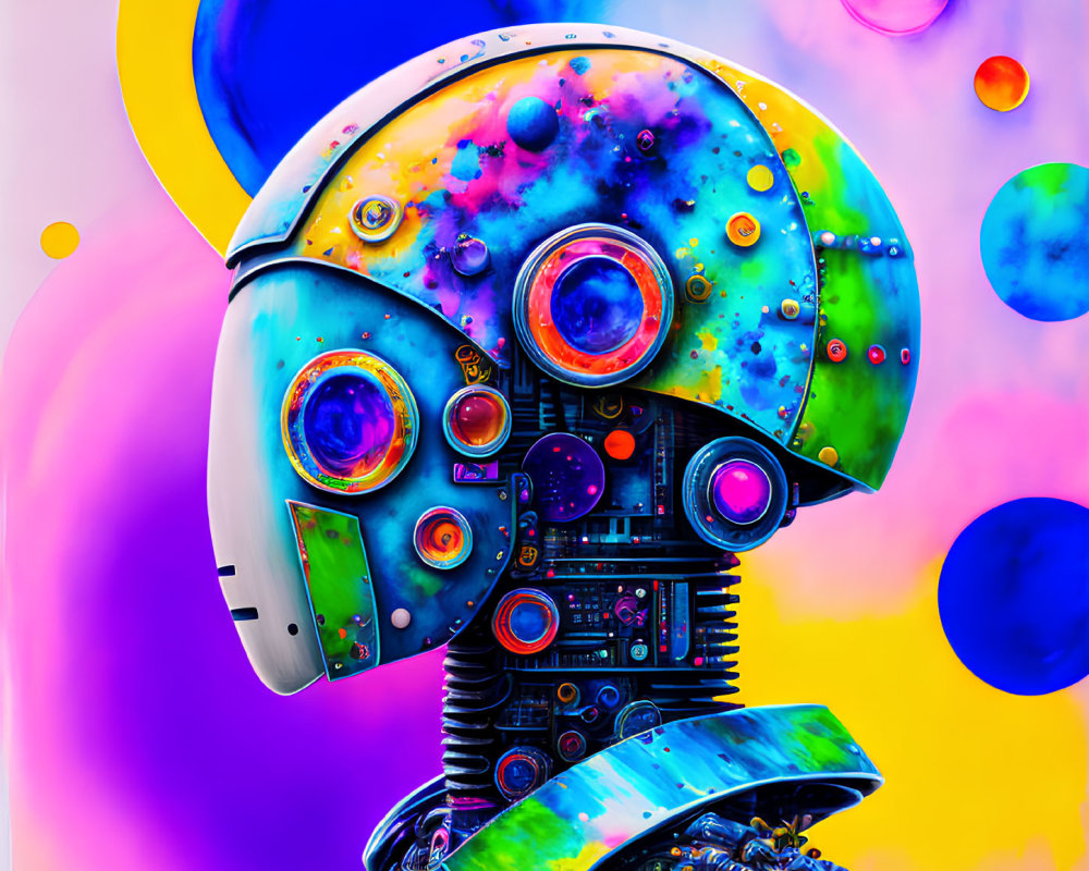 Colorful Robot Head Artwork with Circular Patterns on Multicolored Background