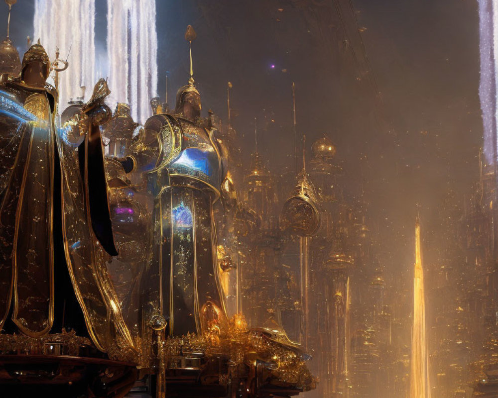 Luminous futuristic cityscape with water fountains and towering spires