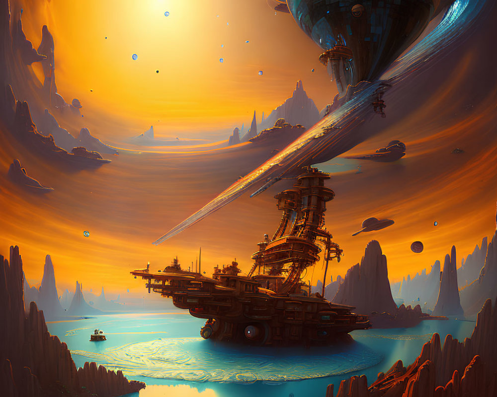 Surreal sci-fi landscape with floating city, spaceship, and orange sky