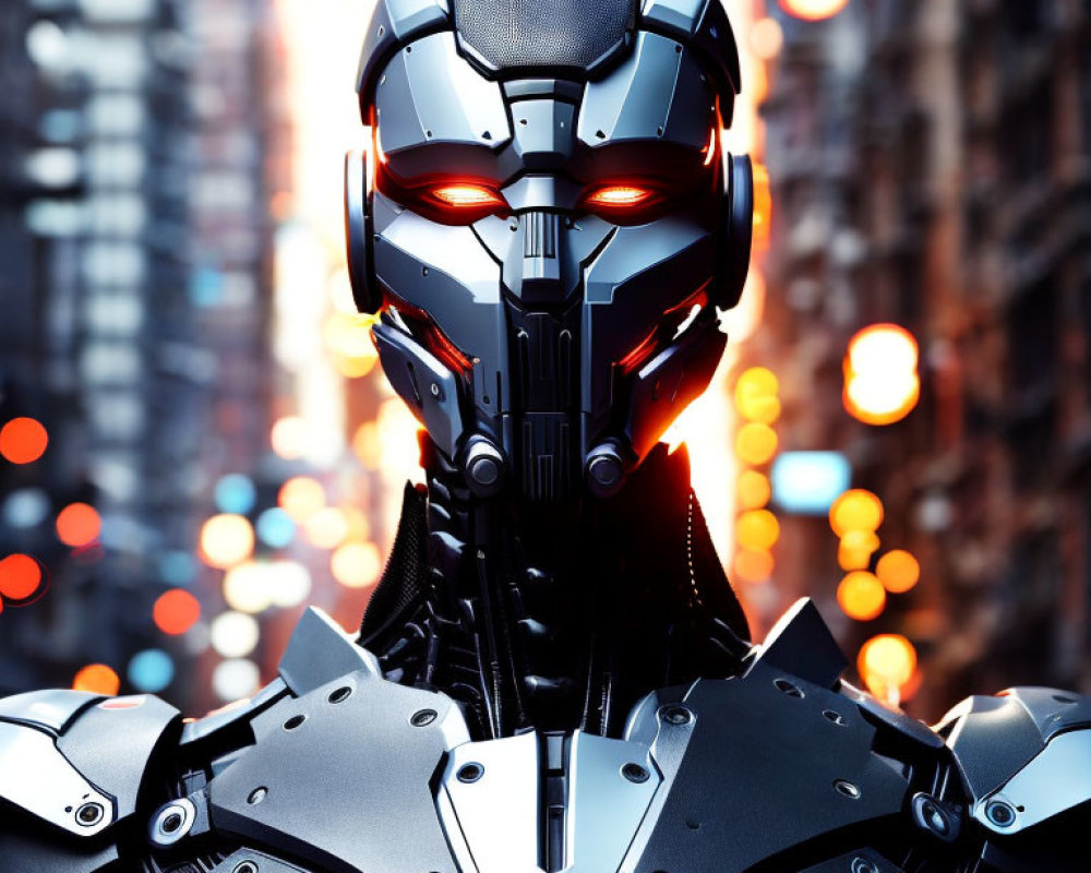 Futuristic armored figure with glowing red eyes in urban backdrop