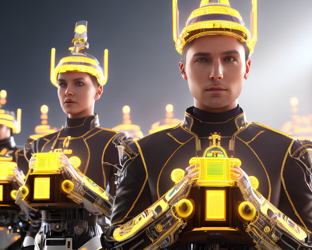 Futuristic individuals in black and yellow uniforms with glowing circuit patterns