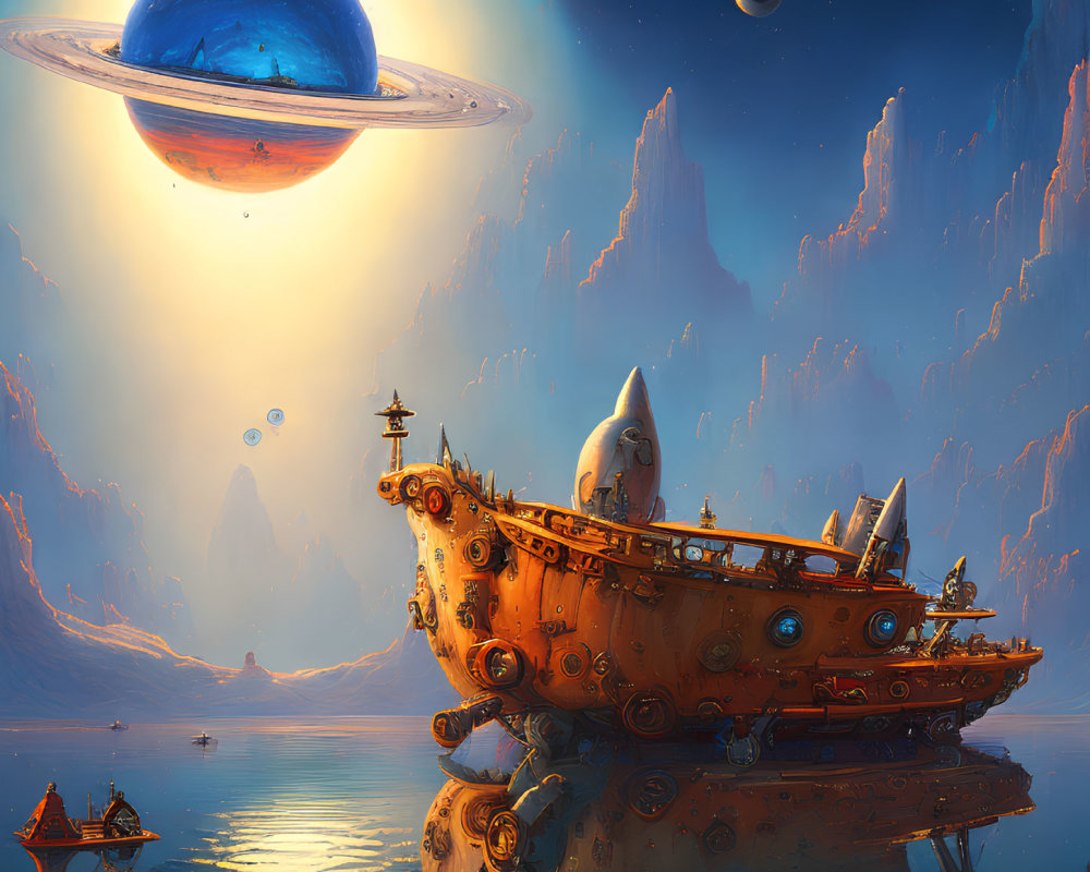 Sci-fi steampunk ships on water with giant planets, rock formations, and warm sun