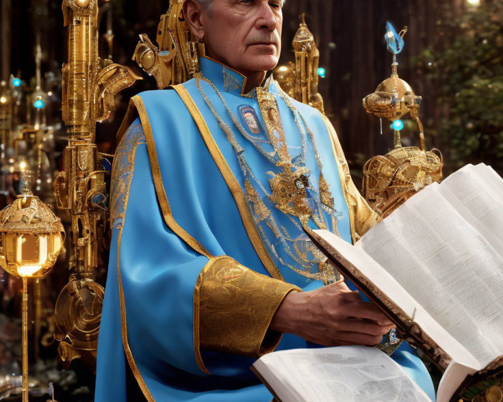 Elderly man in blue and gold royal attire reading in forest with golden mechanical devices