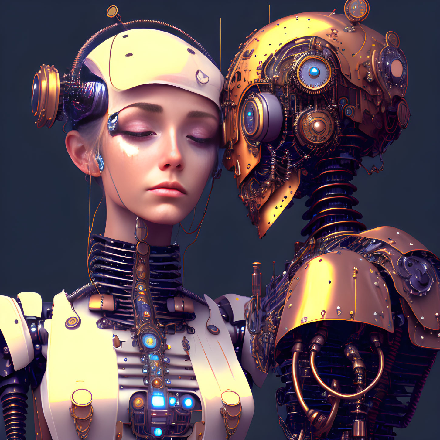 Human girl with robotic face in futuristic image shows contrast between humanity and machinery