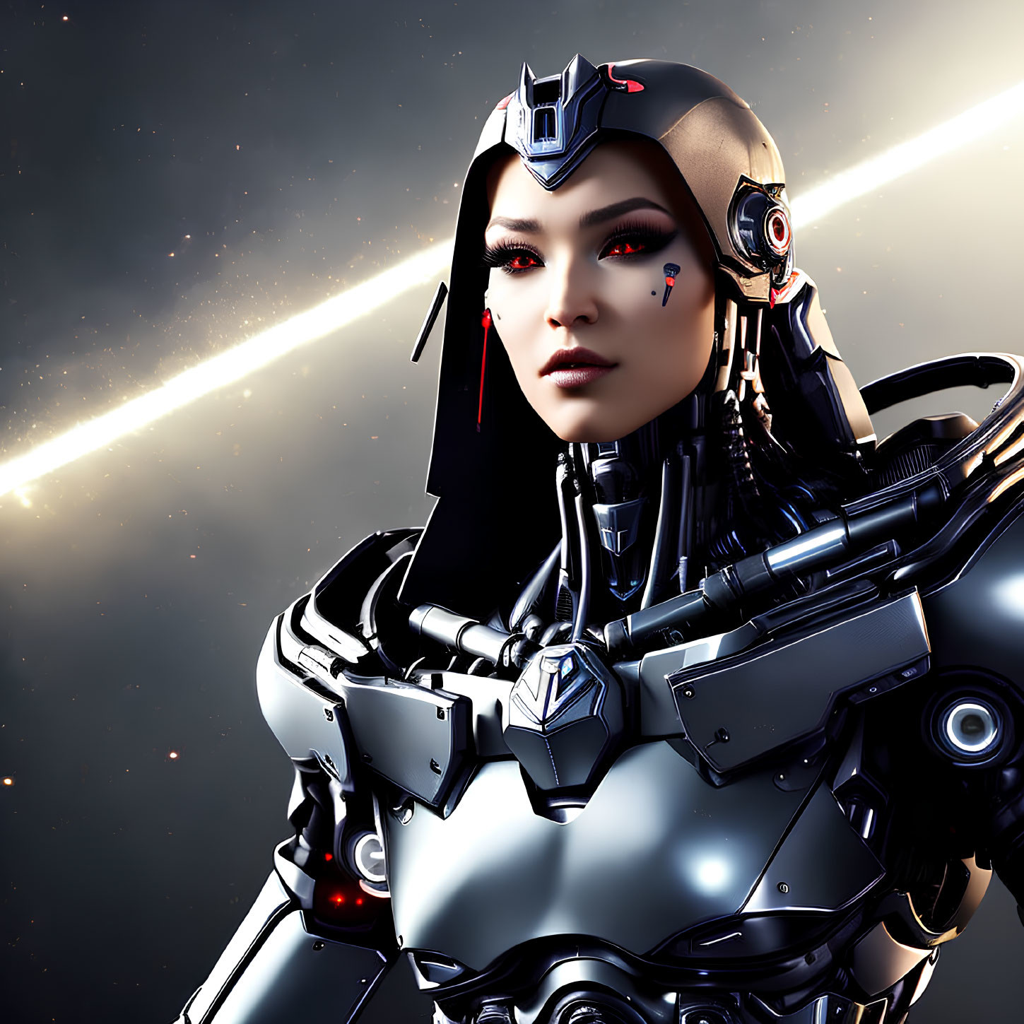 Futuristic female cyborg with intricate armor on starry background