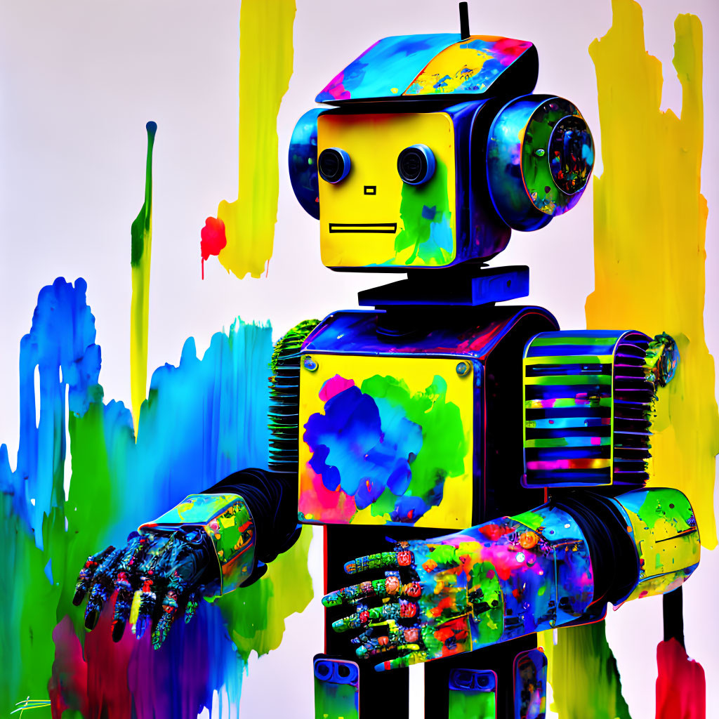 Colorful Paint-Splattered Robot on Colorful Background