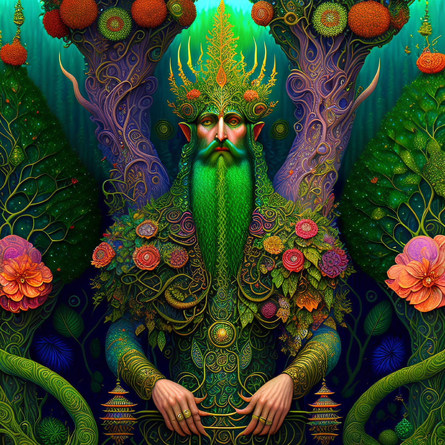 Colorful fantasy art of regal figure with green beard in nature-inspired attire.