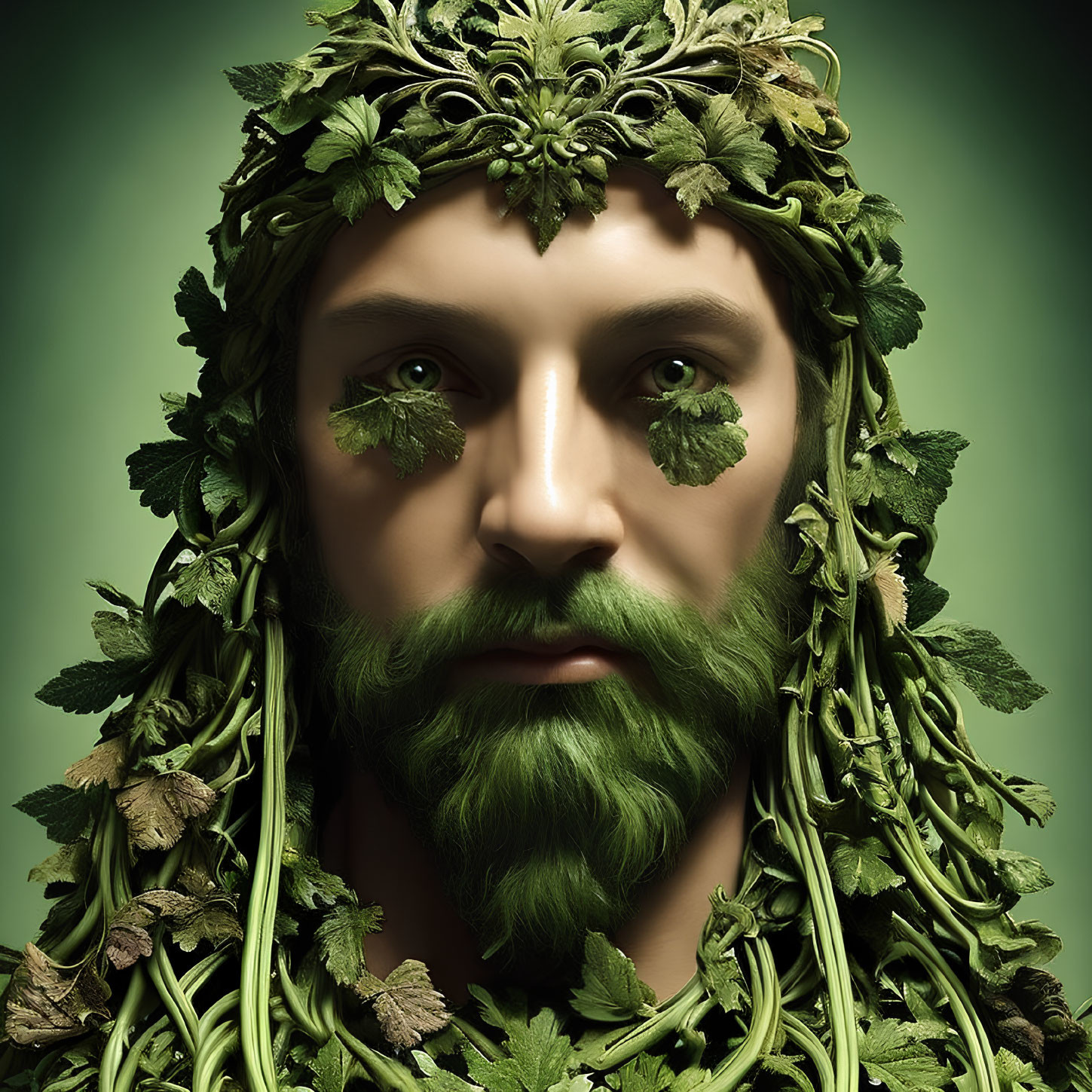 Leafy Beard and Foliage Crown Portrait on Green Background