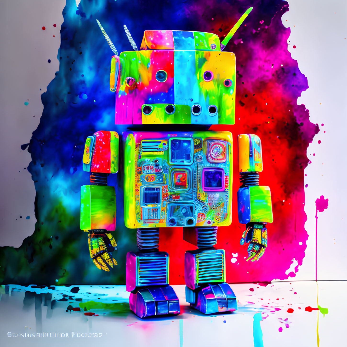 Vibrant toy robot with rainbow colors and paint splatters