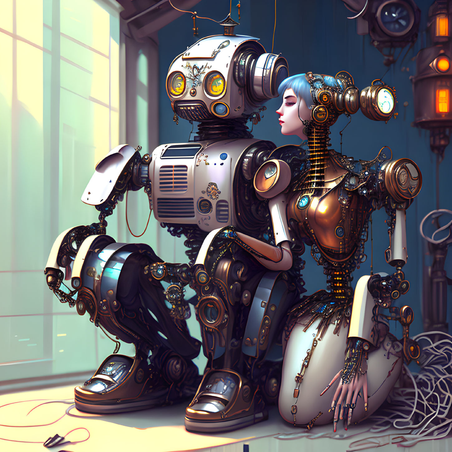 Detailed image of female robot with intricate designs next to robot companion in tech-filled room