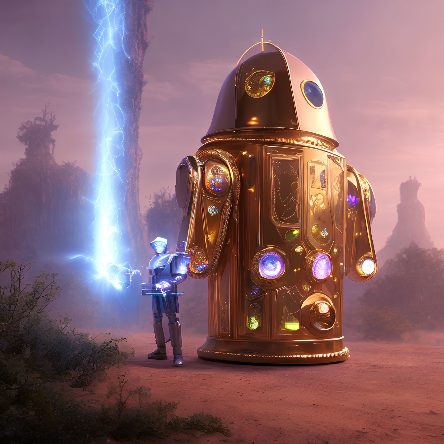 Futuristic knight with golden capsule and energy beam in dusky landscape