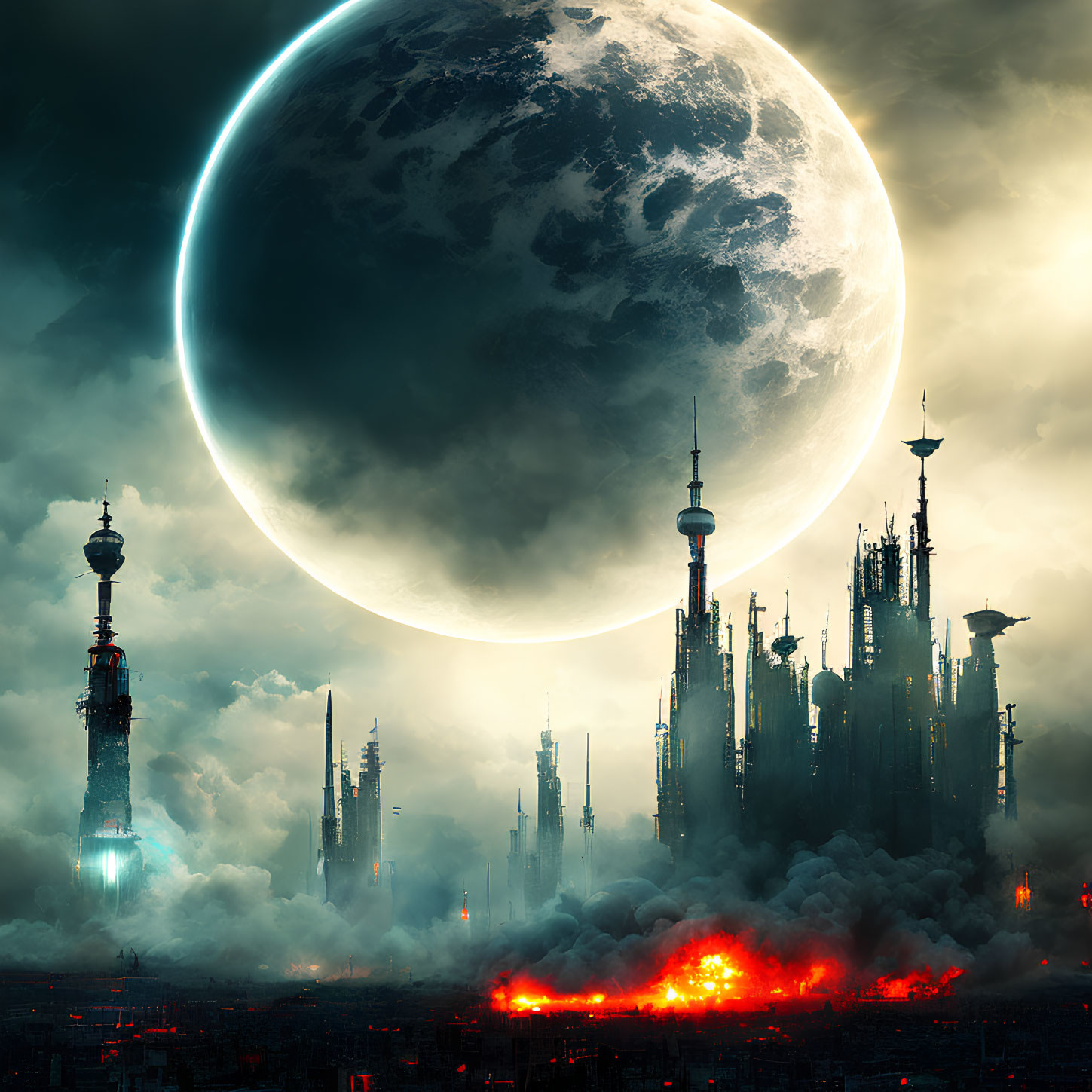 Futuristic cityscape with towering spires under eerie moonlight