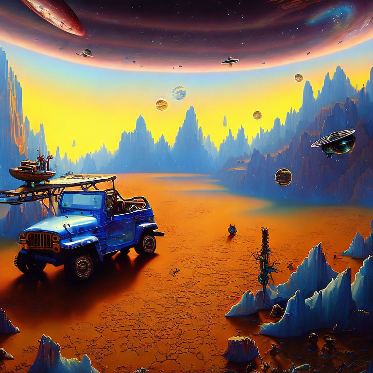 Orange Terrain with Floating Rocks & Blue Jeep in Sci-Fi Landscape