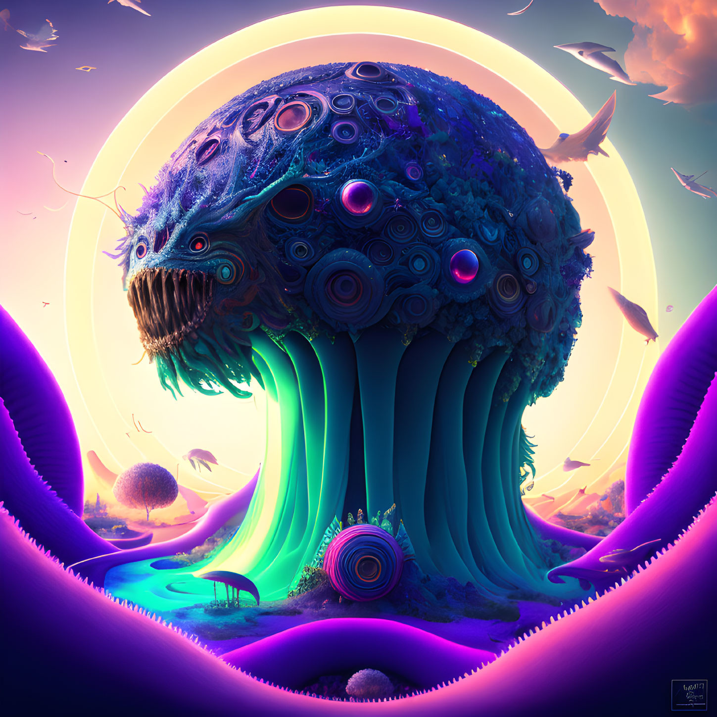 Vibrant Alien Landscape with Blue Tentacled Creature