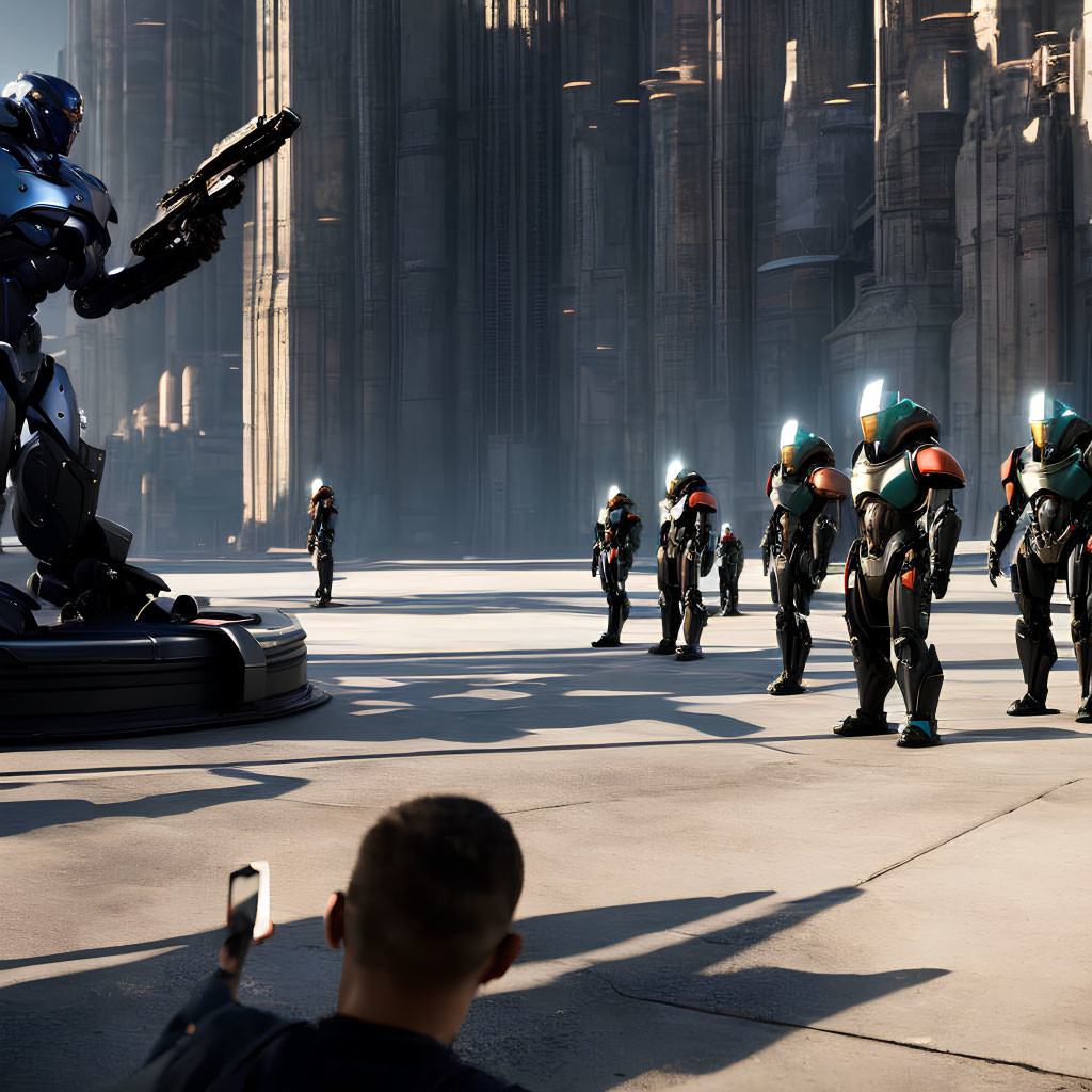 Futuristic soldiers with mecha suit in sunlit cathedral.