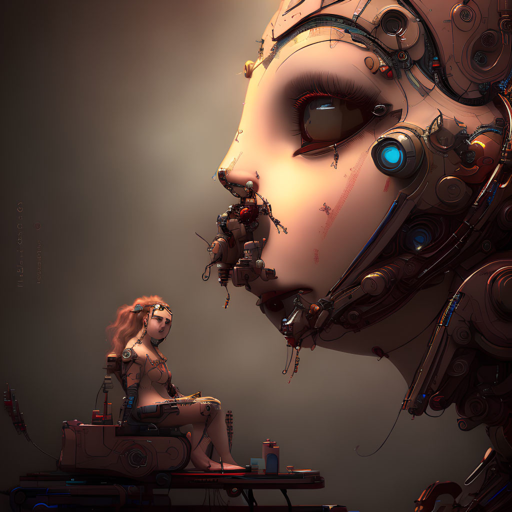 Girl with giant robot face, small robot, and oil can in warm-toned futuristic setting