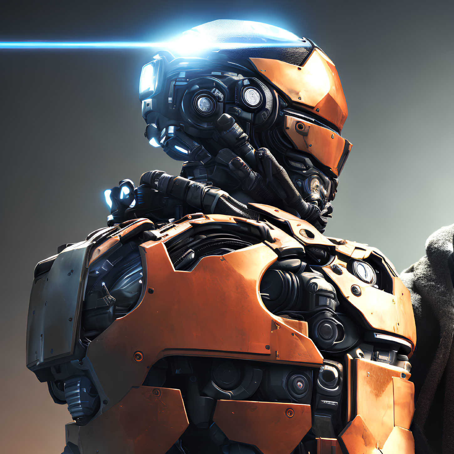 Futuristic robotic figure with orange and black armor and blue glowing visor