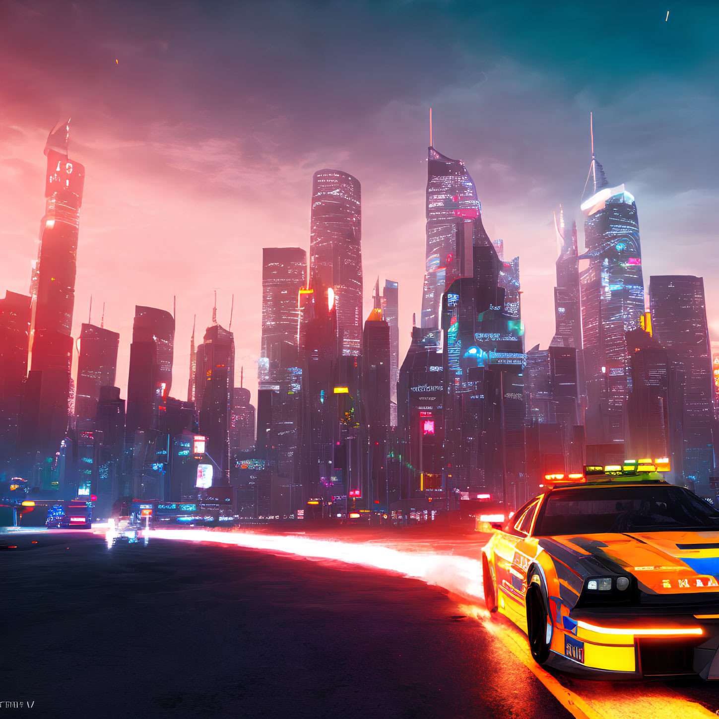 Futuristic cityscape at dusk with neon lights and police vehicle