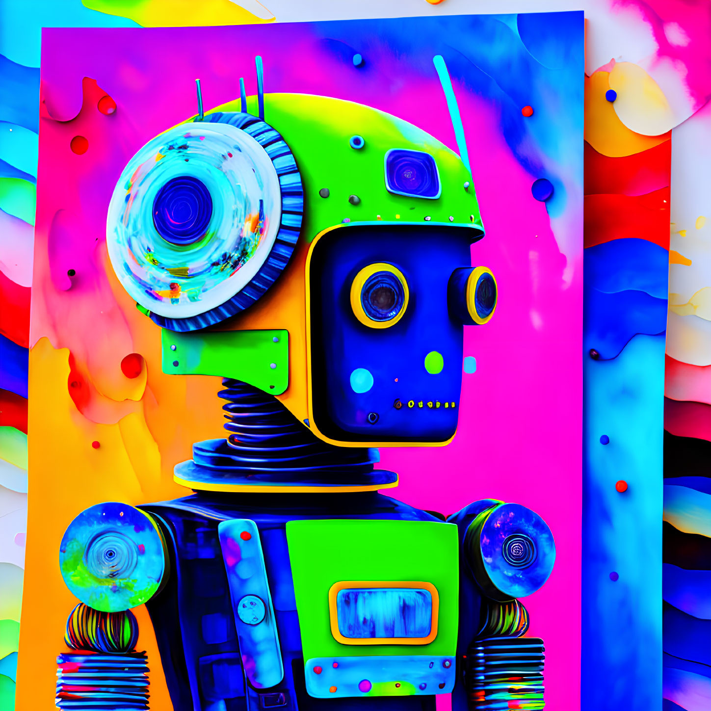 Vibrant stylized robot with round head and antenna on colorful background