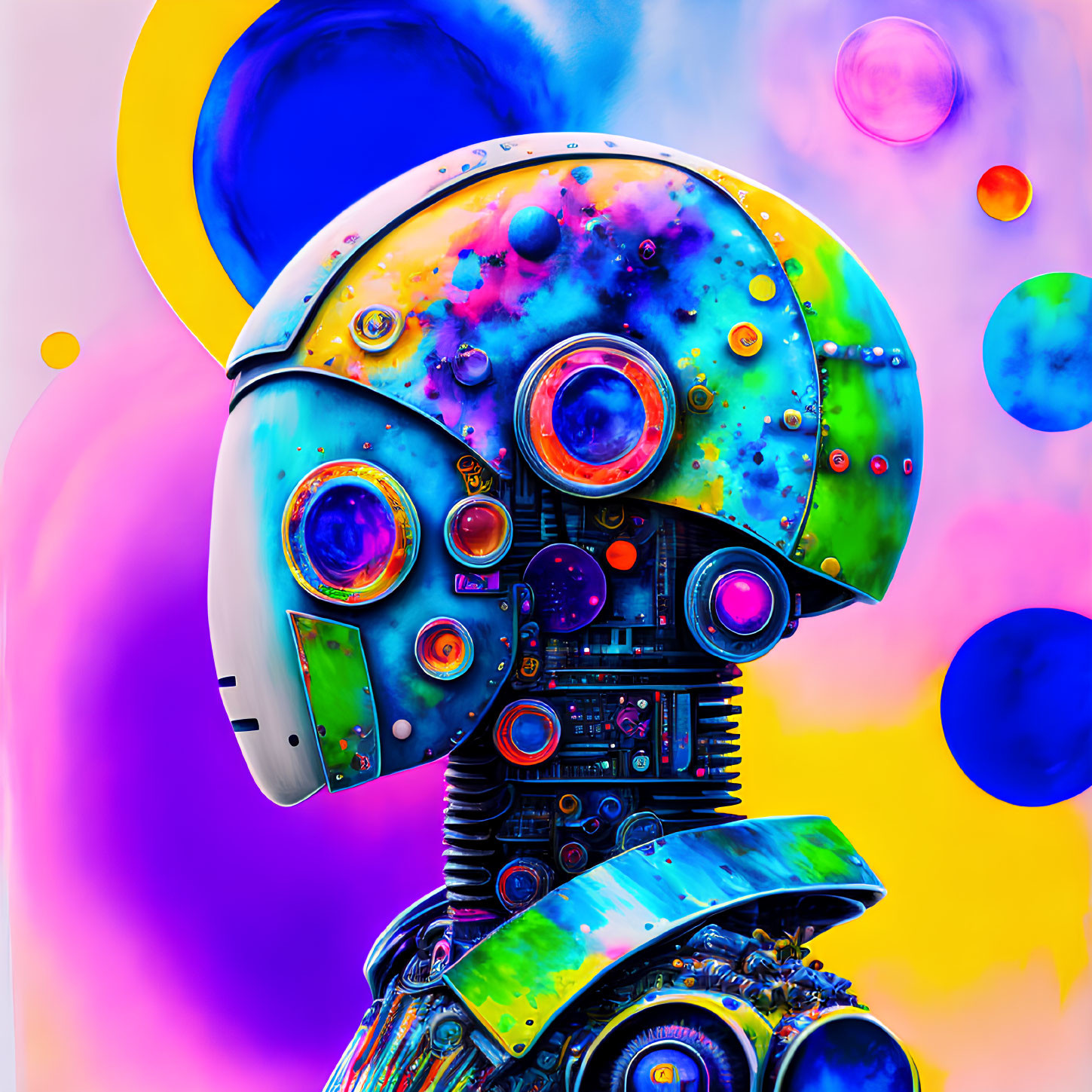 Colorful Robot Head Artwork with Circular Patterns on Multicolored Background