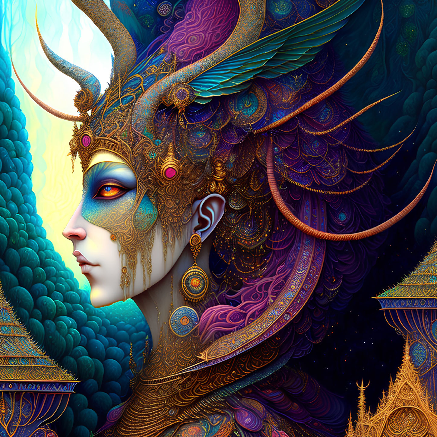 Colorful digital artwork: Character with ornate golden headgear & feather-like elements