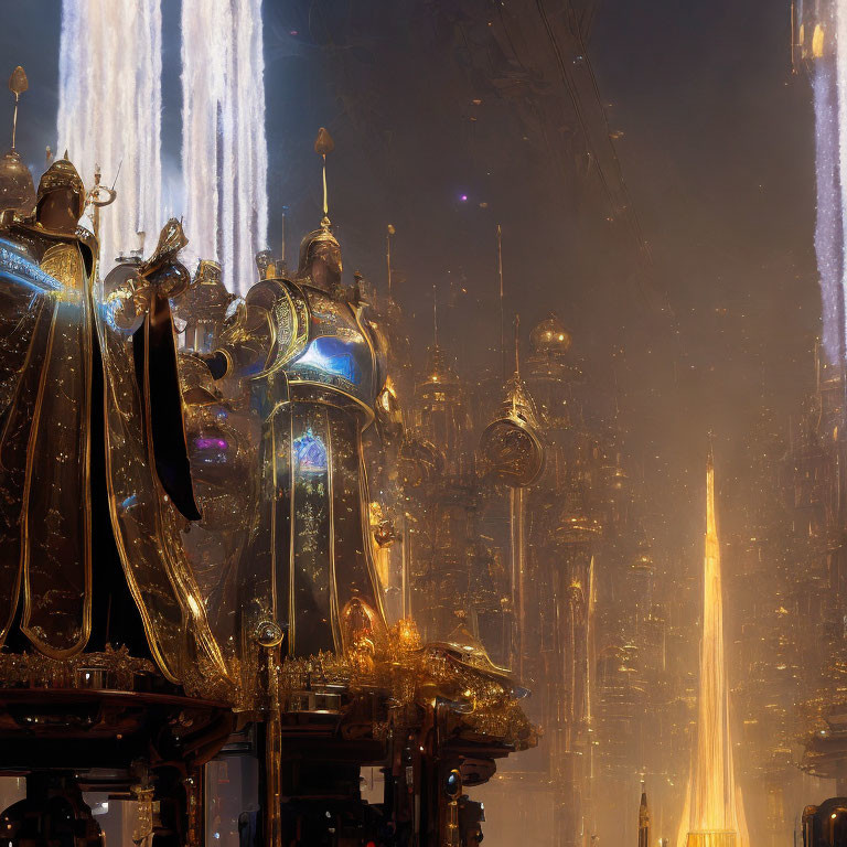 Luminous futuristic cityscape with water fountains and towering spires