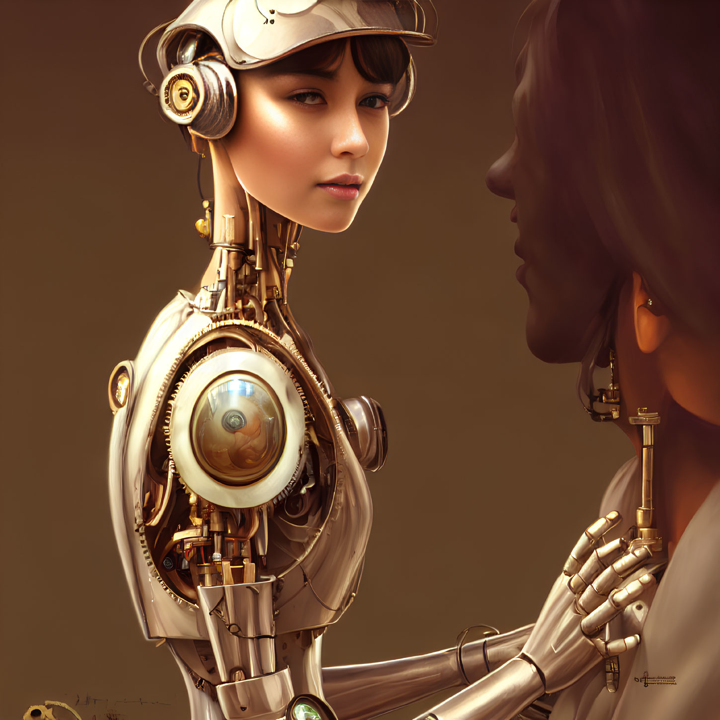 Steampunk-style female robot with brass machinery and pensive expression