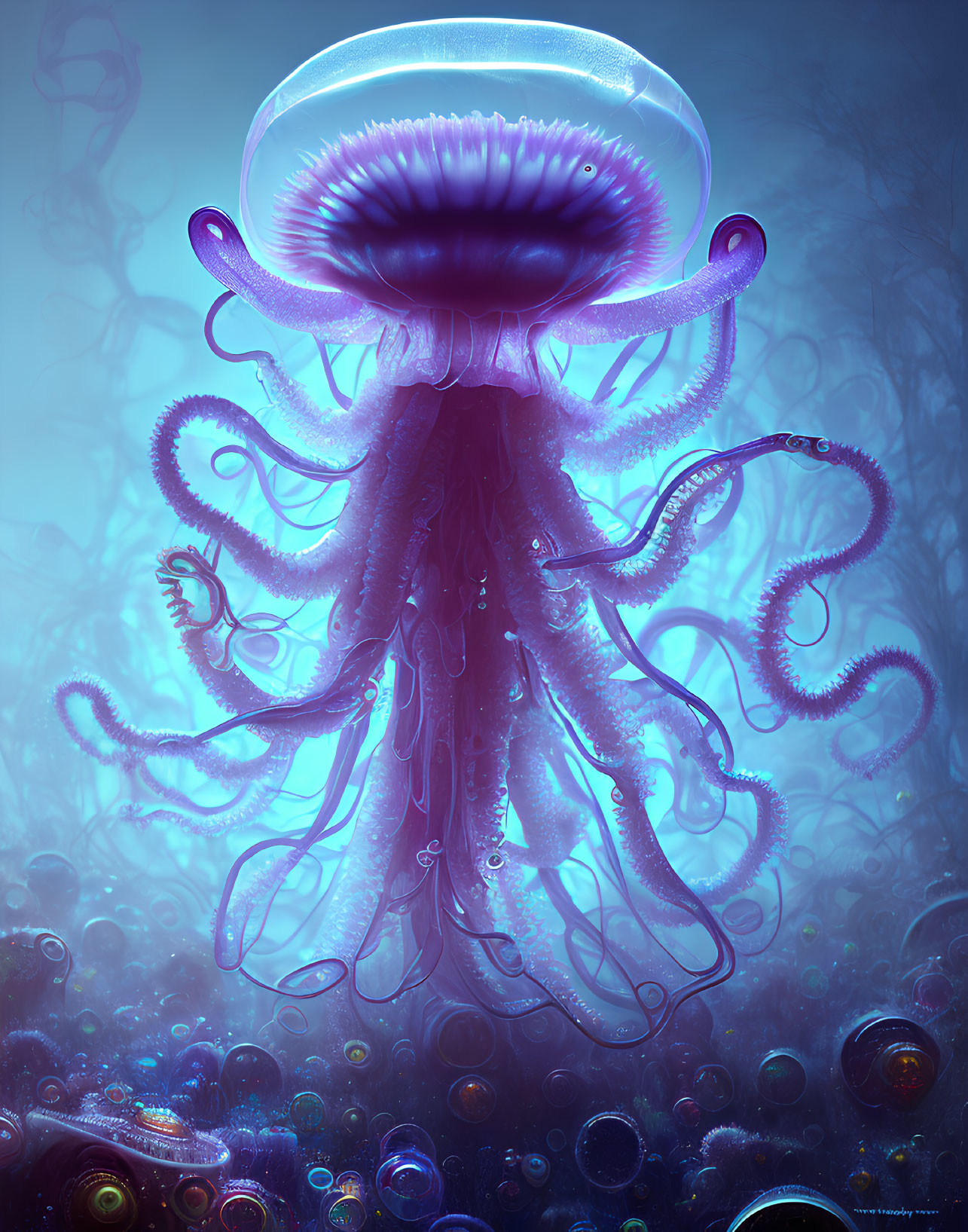 Bioluminescent jellyfish with long tentacles in deep blue ocean