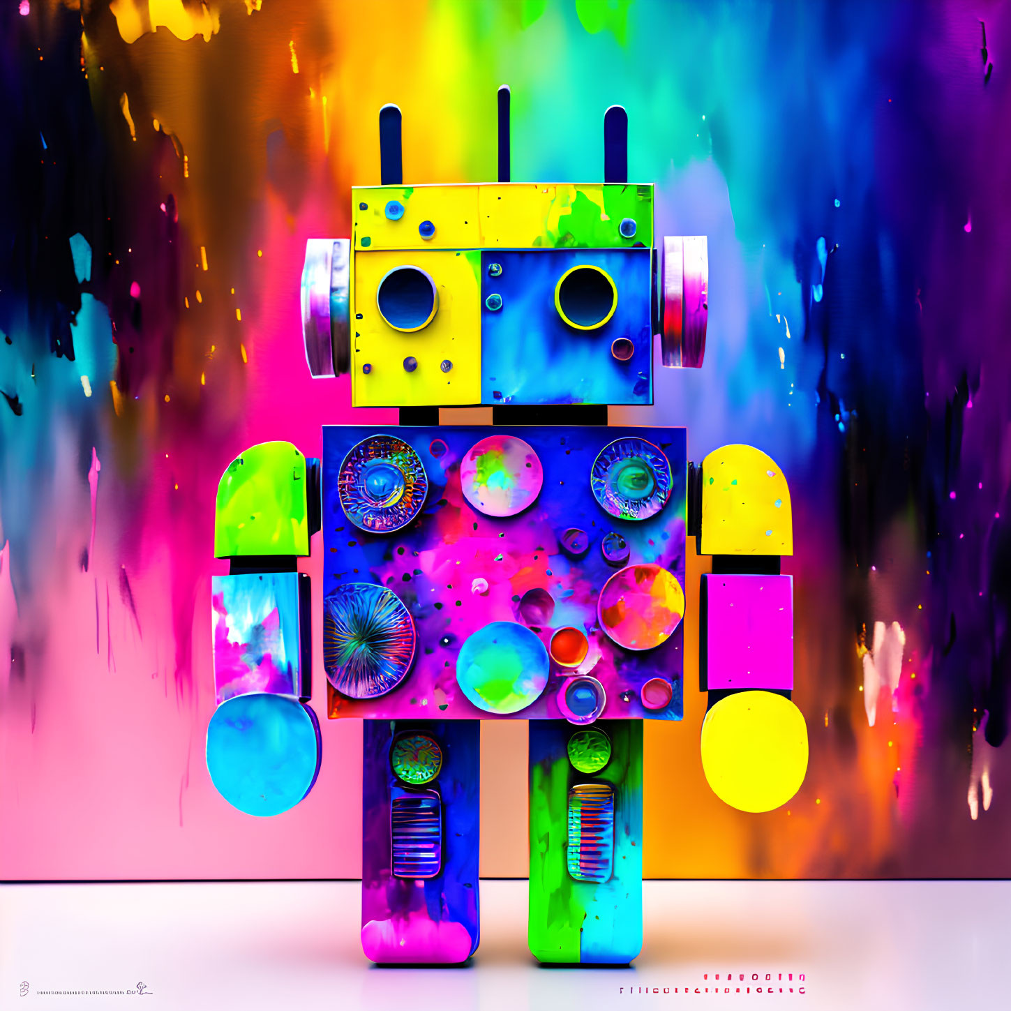 Colorful Robot Figure on Vibrant Paint-Splashed Background