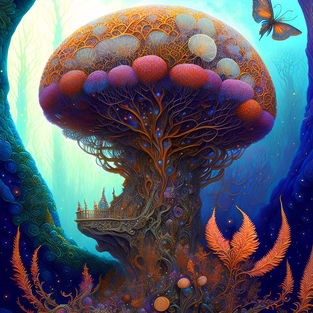 Colorful forest illustration: large ornate tree with mushroom-like canopy, butterfly, intricate details