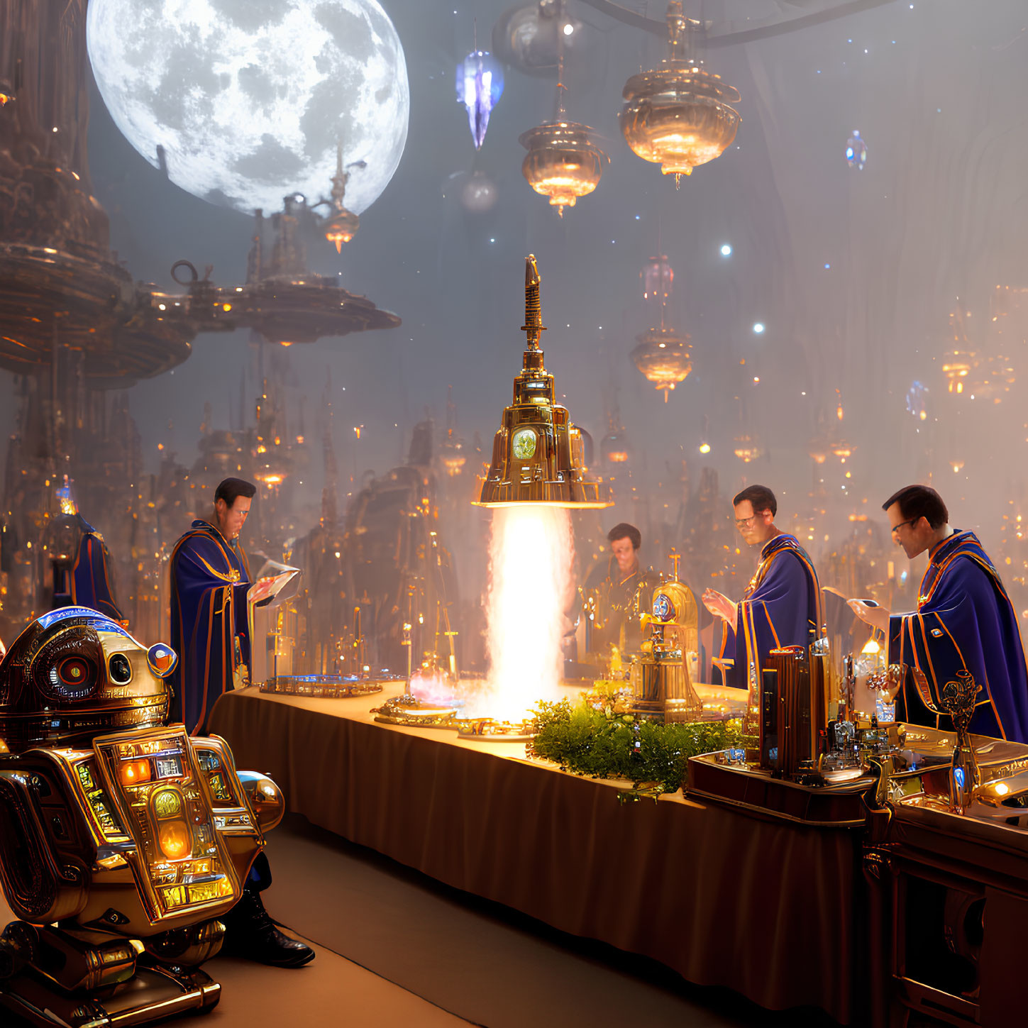 Robed Figures and Robots in Futuristic Ceremony