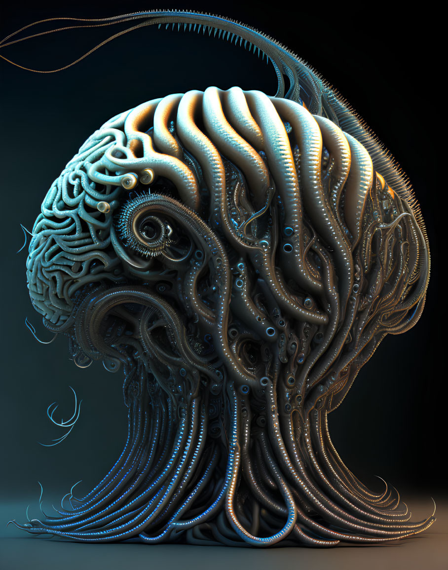 Surreal 3D illustration of intertwined blue tentacle-like branches