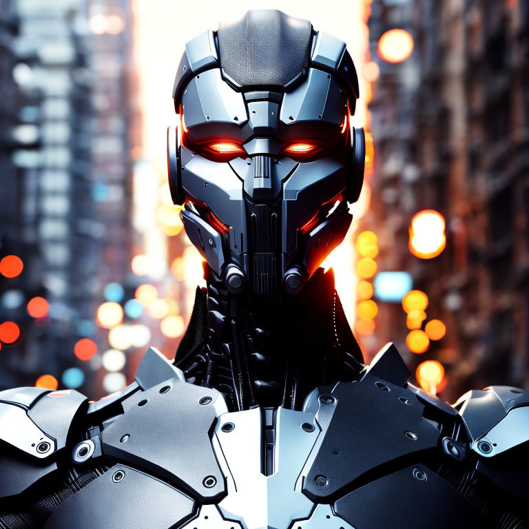 Futuristic armored figure with glowing red eyes in urban backdrop