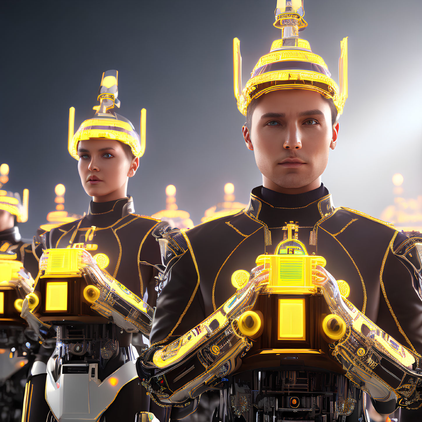 Futuristic individuals in black and yellow uniforms with glowing circuit patterns