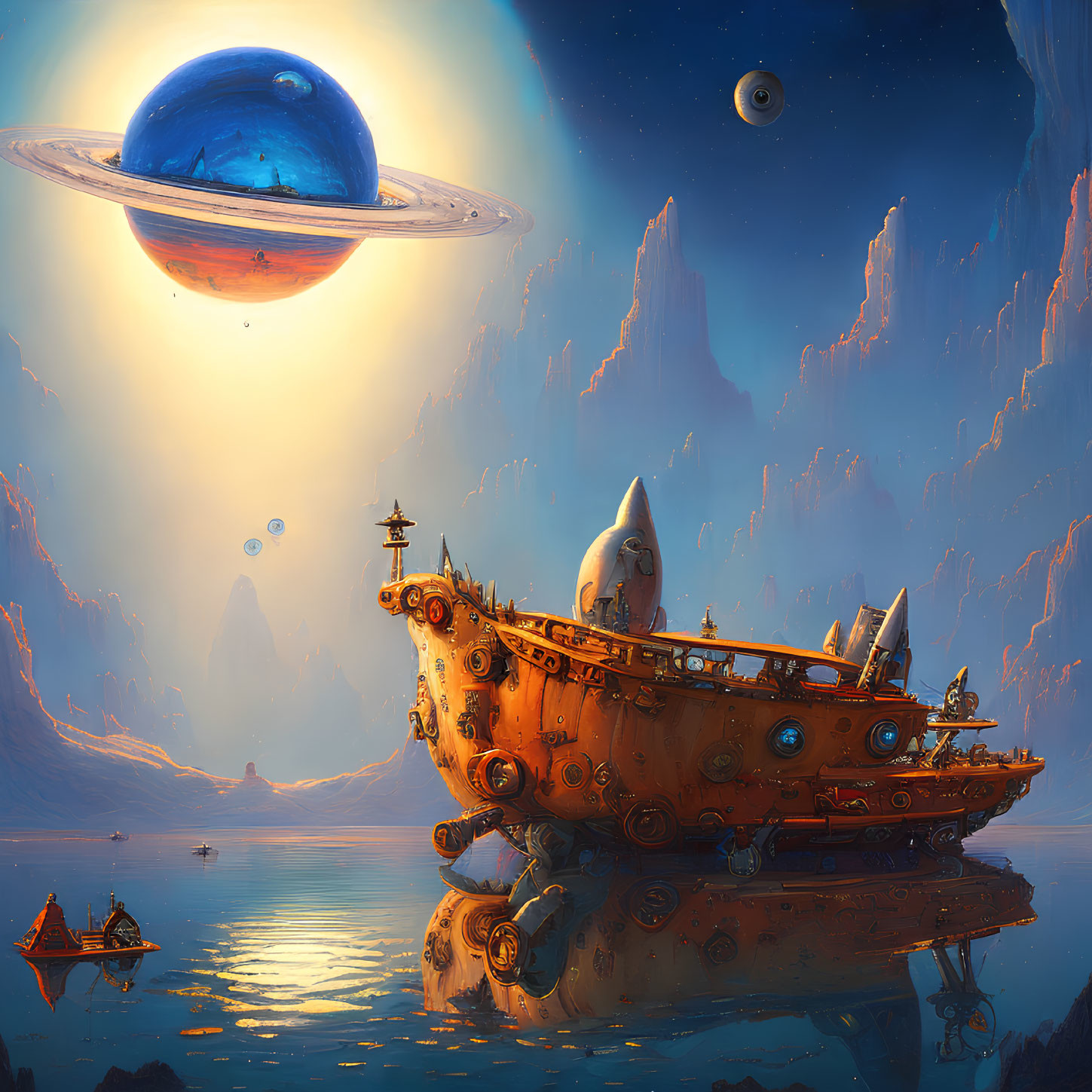 Sci-fi steampunk ships on water with giant planets, rock formations, and warm sun