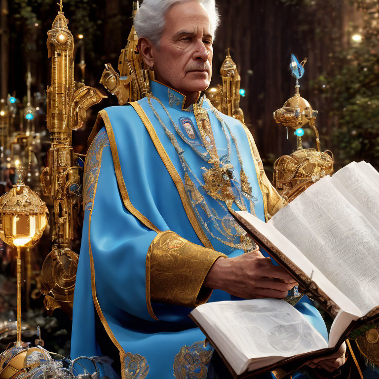 Elderly man in blue and gold royal attire reading in forest with golden mechanical devices