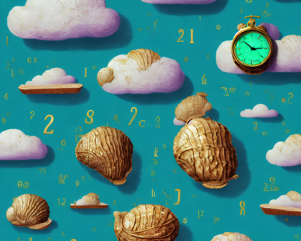 Surreal Croissants, Clouds, and Pocket Watch Pattern on Teal Background