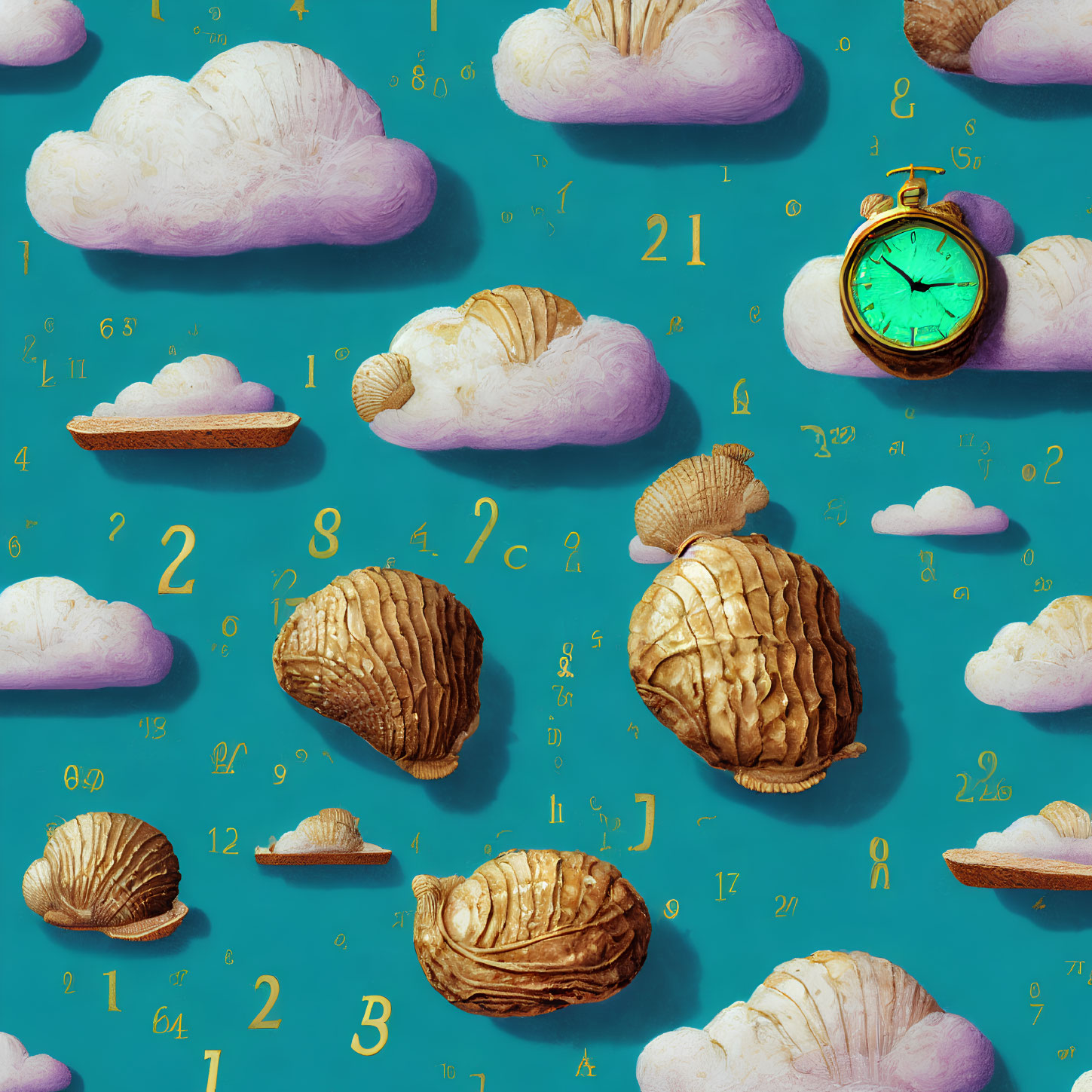 Surreal Croissants, Clouds, and Pocket Watch Pattern on Teal Background