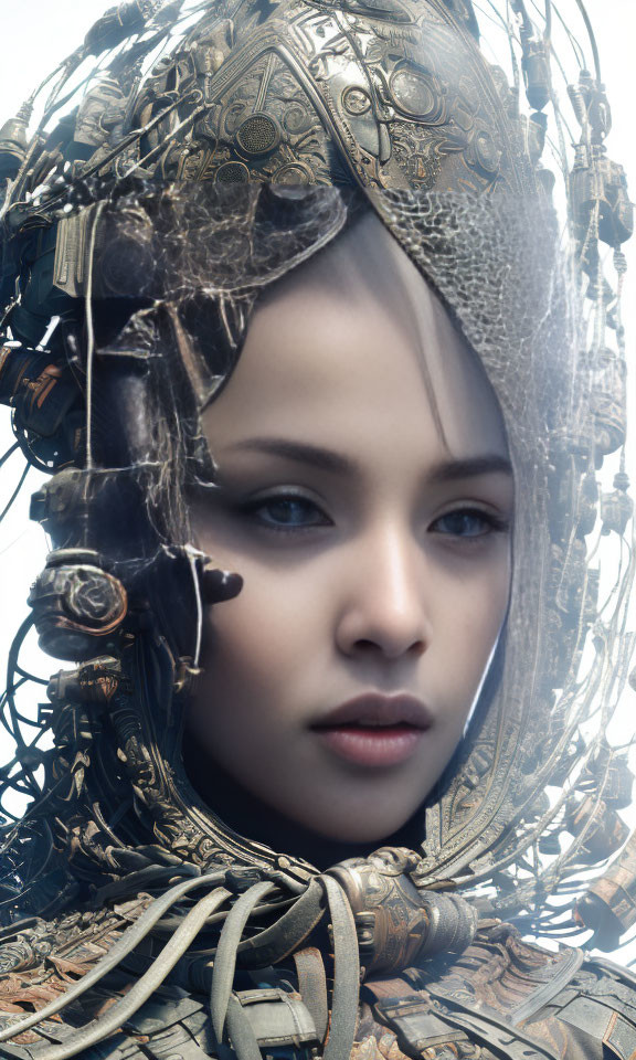 Detailed Futuristic Helmet on Female Figure with Organic and Mechanical Elements