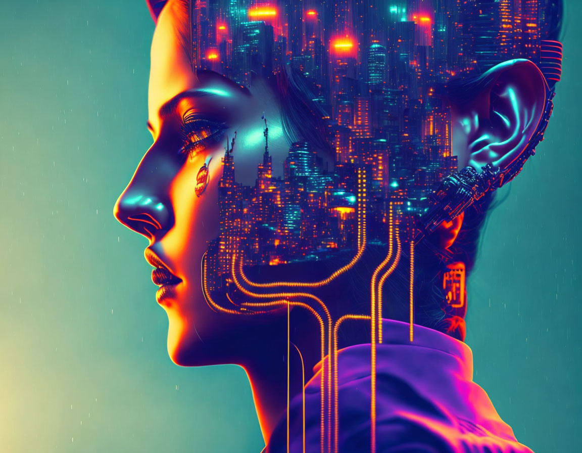 Cybernetic Woman with Cityscape and Circuitry in Vibrant Neon Colors