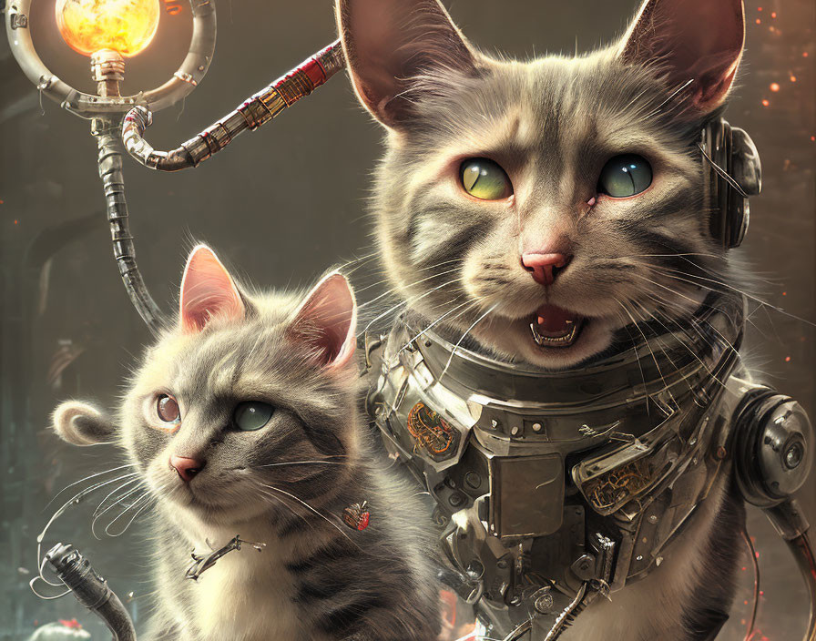 Futuristic robotic cats with glowing eyes in steampunk setting