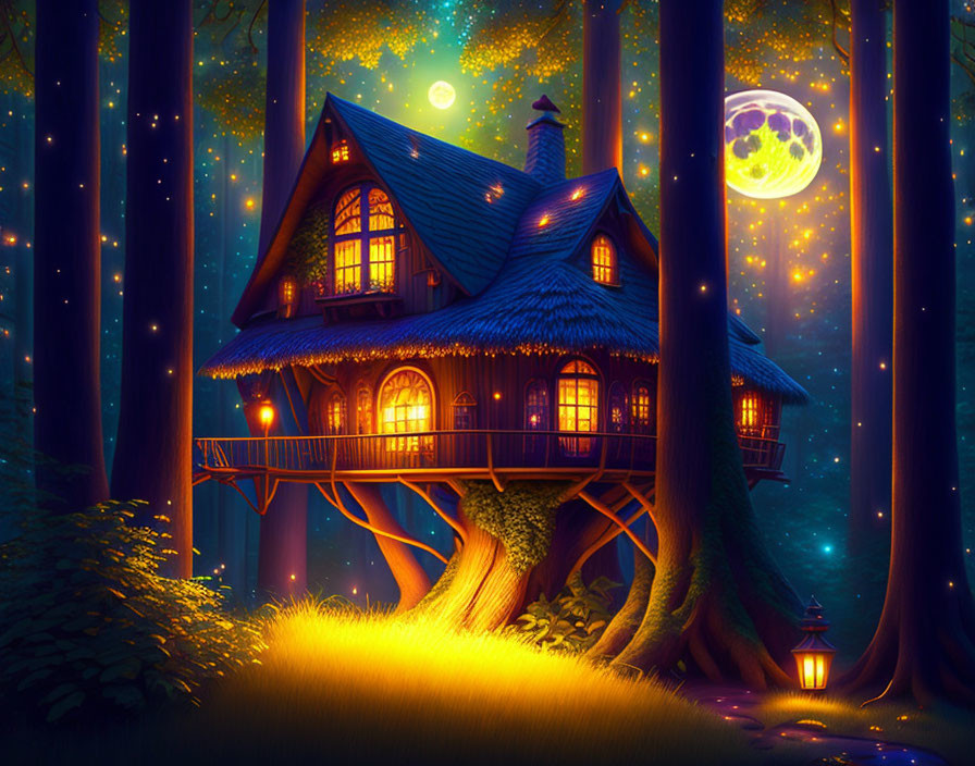 Mystical forest with enchanting treehouse and blue roof at night