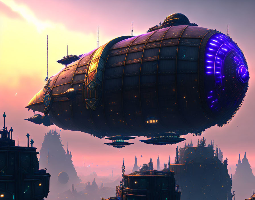 Futuristic airship with purple engines over dusky cityscape