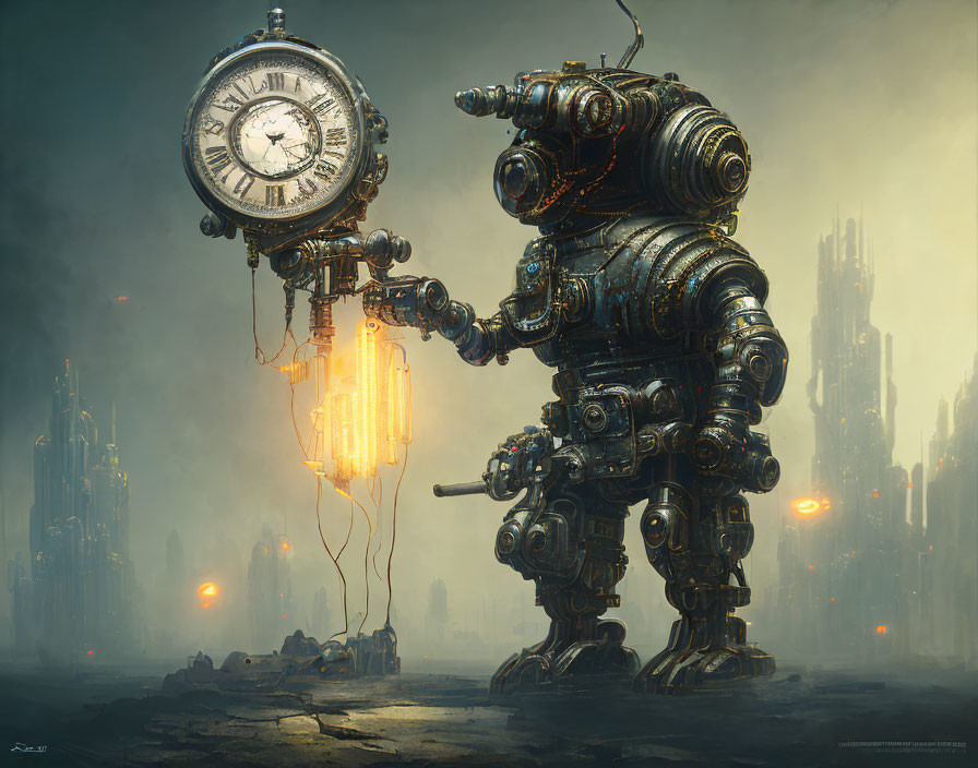 Clock-faced robot with lantern in foggy cityscape.