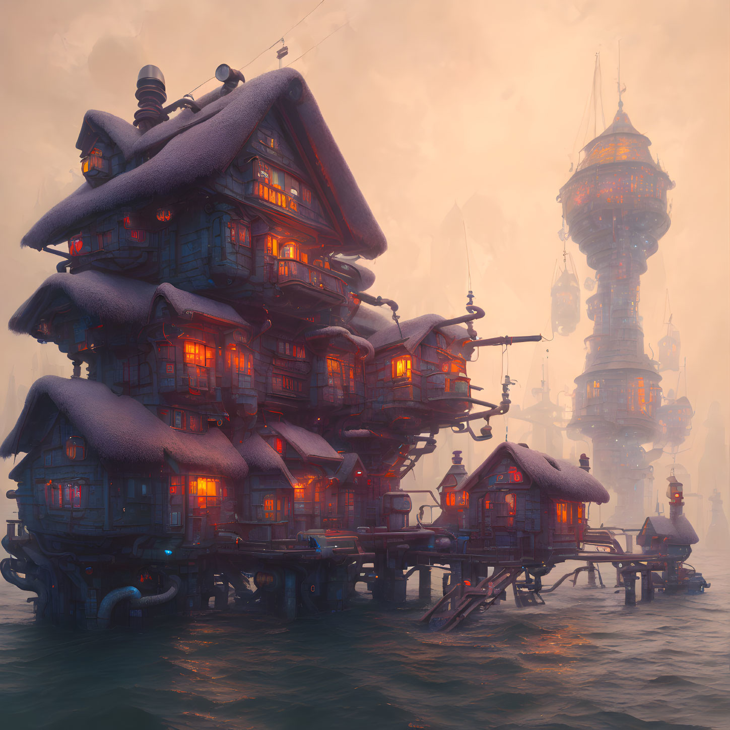 Fantastical multi-level building near waterway with glowing windows and towering lighthouse in misty background