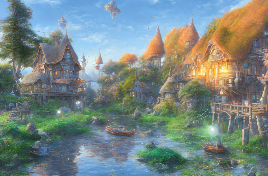 Whimsical Thatched Houses & Glowing Orbs in Enchanted Village