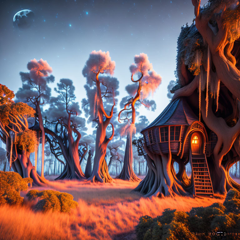 Fantasy landscape: whimsical trees, crescent moon, stars, cozy treehouse, glowing orange